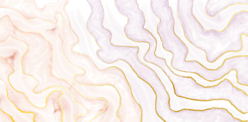 Abstract pink liquid watercolor background with gold dots and lines. Marble alcohol ink drawing effect, golden splash elements. Vector wallpaper