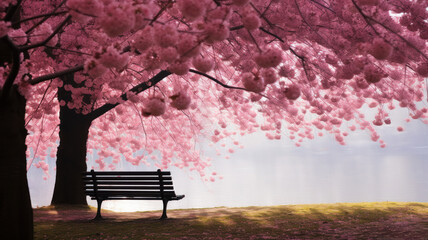 wooden bench on park with cherry trees blossom in spring