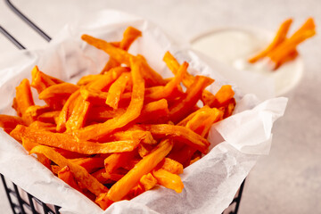 Sweet potato fries with blue cheese sauce.
