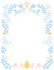 Fototapeta na wymiar Blue folk art vector frame with flowers and bunnies