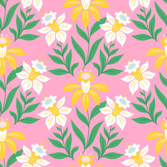 Fototapeta na wymiar Vector Pink, Green and Yellow Daffodil Folk Art Seamless Floral Pattern