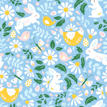 Vector seamless Easter floral pattern with rabbits, birds, chickens, butterflies