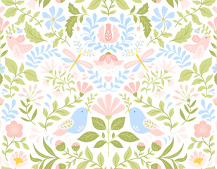 Fototapeta na wymiar Vector Floral Seamless Pattern with Birds and Flowers in Folk Art style in Pastel Tones