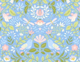 Fototapeta na wymiar Vector Floral Seamless Pattern with Birds and Flowers in Folk Art style in Pastel Tones