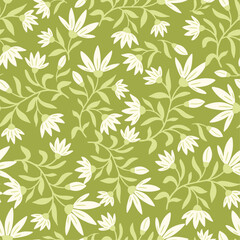 Vector seamless pattern with white flowers and green leaves