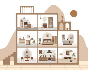 House in cut vector infographic design. Dollhouse concept in boho style.