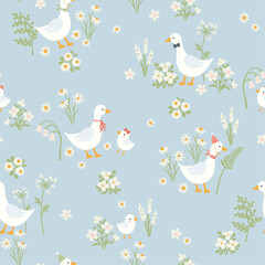 Vector blue seamless pattern with domestic birds