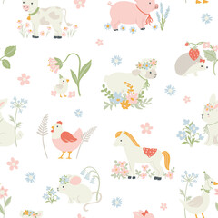 Vector seamless pattern with animals, birds and flowers