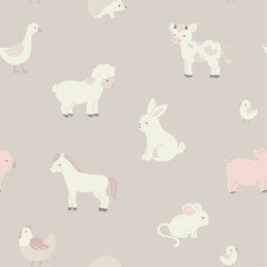 Vector seamless pattern with cute farm animals in beige tones