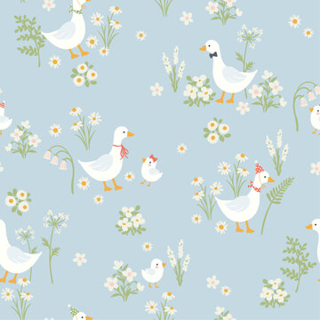 Vector blue seamless pattern with domestic birds