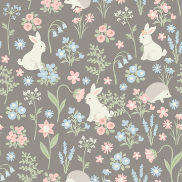 Vector seamless pattern with cute rabbits and hedgehogs and flowers