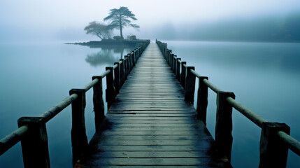 Small Wooden Bridge Over a Lake Leading to an Island