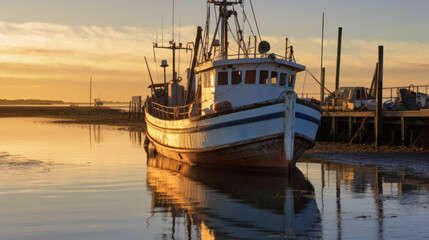 Fishing Boat Docked at a Harbor Pier during Low Tide