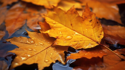 Naklejka na ściany i meble Wet Orange Maple Leaves on a Puddle on an Autumn Day