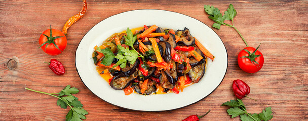 Aubergine saute, tasty vegetable stew.