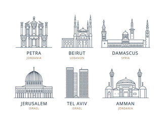Сollection of Middle Eastern city icons with urban landmarks. Linear illustrations of modern city symbols by Amman, Petra, Damascus, Beirut, Jerusalem, Tel Aviv. Architectural vectors on white backgro