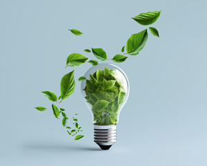 Flying green leaves around the lightbulb filled with leaves. Renewable green energy concept. © Igor Link