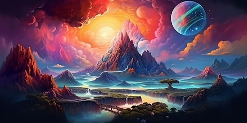 Fototapeta na wymiar Fantastical planet with swirling clouds and colorful landscapes. Sublime Generative AI image