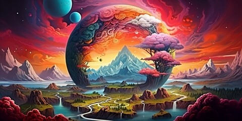 Fototapeta na wymiar Fantastical planet with swirling clouds and colorful landscapes. generative ai.
