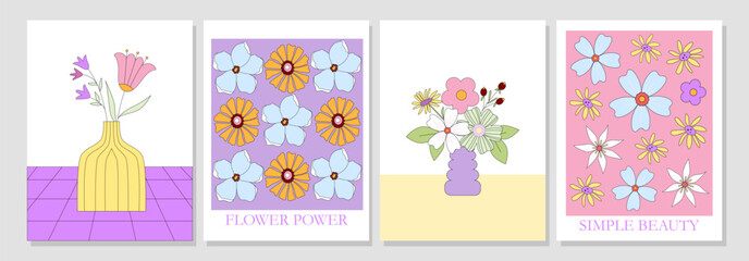 Fototapeta na wymiar Modern pretty pastel retro flowers. Abstract flower power. Vintage nostalgia. Poster, cover, invitation, banner, card, print, background.