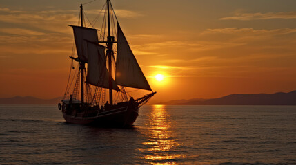 Fototapeta premium Silhouette of Ancient Galleon Sailing at Sunset