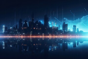 Illustration of a modern futuristic city at night.
