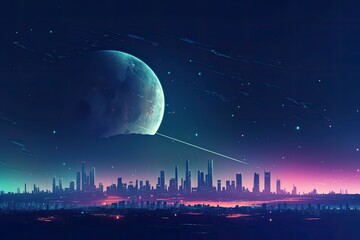 Cityscape of modern futuristic city with big moon.