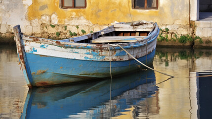 Fototapeta na wymiar Blue Traditional Wooden Boat on a Canal Next to a Stone House