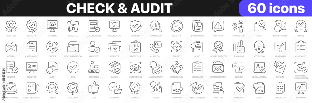 Poster check and audit line icons collection. evaluation, quality, statistics, calculation, tick icons. ui 