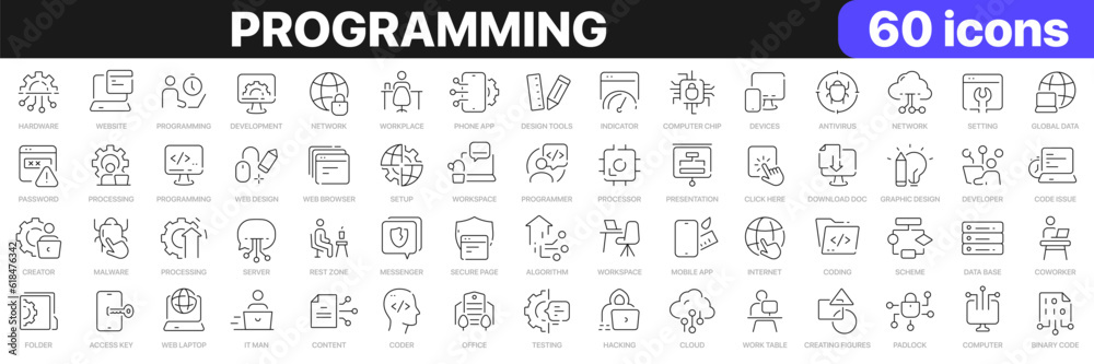 Wall mural programming line icons collection. technology, coworking, developer, website, coding, app icons. ui 