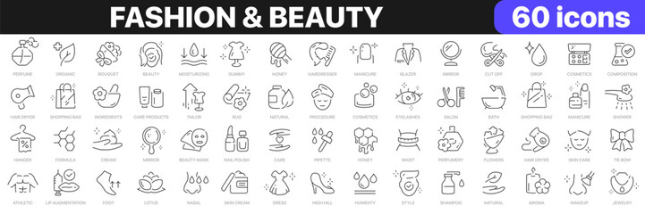 Fototapeta premium Fashion and beauty line icons collection. Shopping, cream, cosmetics, skin care, makeup icons. UI icon set. Thin outline icons pack. Vector illustration EPS10