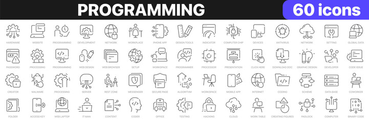 Programming line icons collection. Technology, coworking, developer, website, coding, app icons. UI icon set. Thin outline icons pack. Vector illustration EPS10