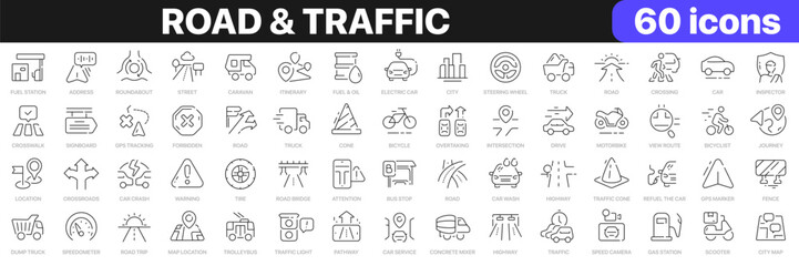 Road and traffic line icons collection. Street, transport, fuel, vehicle, location, car service icons. UI icon set. Thin outline icons pack. Vector illustration EPS10