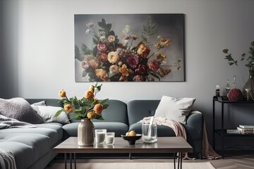 In a grey living room with elegant coffee tables, there are flowers in a vase. Generative AI