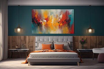 Illustration of a modern guest bedroom concept for use in interiors. An example of a guest bedroom that includes furniture, art, and interior design included adorning and outfitting the space
