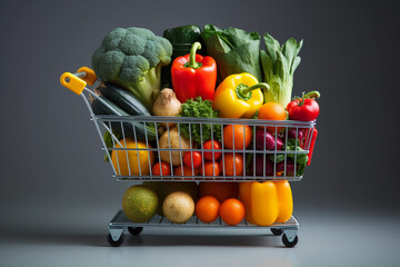 Supermarket trolley full of fruits and vegetables, shopping products, colorful and vibrant.Generative AI