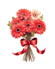 Bouquet of red gerbera flowers tied with red ribbon isolated on white background in watercolor style. Generative AI.