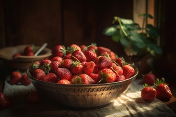 In a vintage bowl, uncooked organic strawberries. the idea of comfort and interior design. holiday morning in the village. tempered tone the summer veranda's interior. the country in the summer