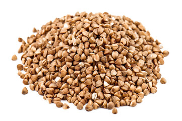 Heap of buckwheat grains on white background