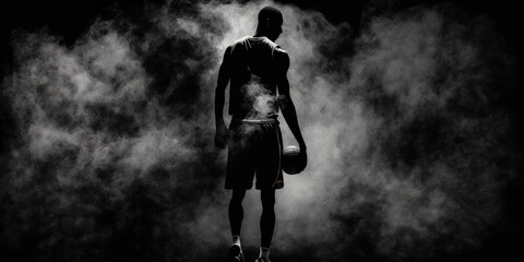 Fototapeta na wymiar Silhouette of a football player standing on a dark background and smoke