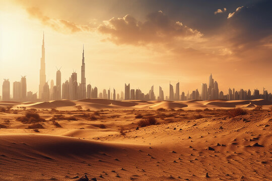 Aerial view of dubai desert with skyline at the background