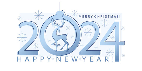 Christmas deer. Happy New Year 2024. Greeting card. Christmas and New Year greeting poster. Winter 