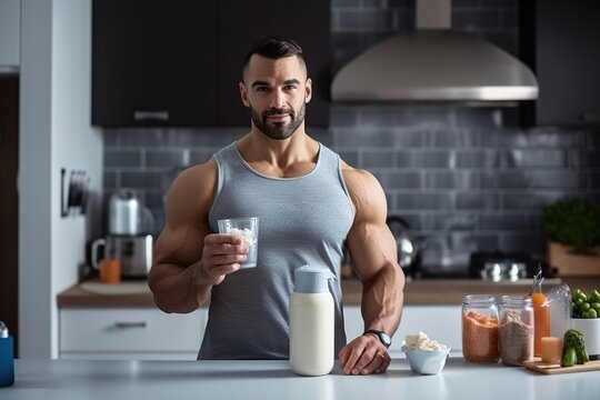Athletic handsome young man holding glass with cottage cheese, mixing healthy breakfast and standing near table in the kitchen at home.