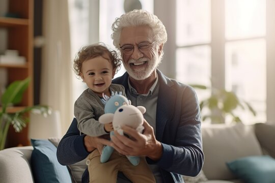 Happy grandfather holding his toddler grandson playing with toy while sitting on sofa at home.