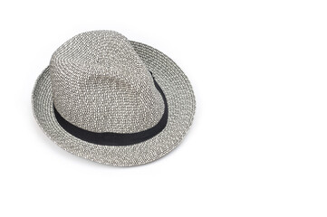 Light gray brim hat with black band, unisex, white background.