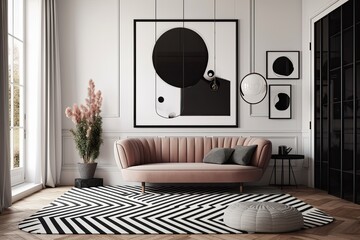 Illustration mockup of a modern, minimalist interior with a couch, a carpet, and decorations. Generative AI