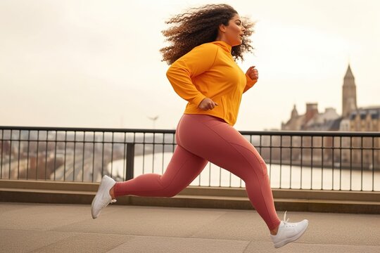 Overweight woman in sportswear running across the bridge outdoors. Sports and health concepts