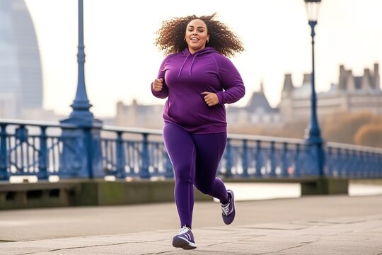 Full length portrait of plus-size plump woman athlete jogging running in fitness outfit over a bridge outdoors with panoramic city scape.
