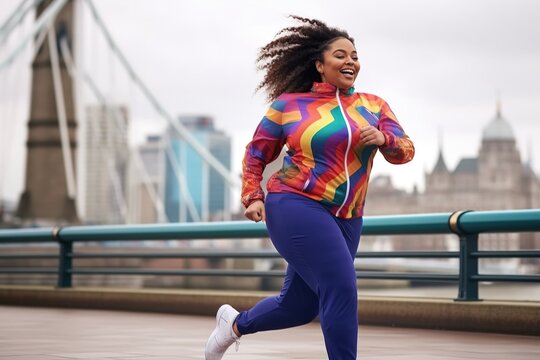 Overweight woman jogging in colorful fitness outfit on over bridge outdoors with panoramic city scape in the background.