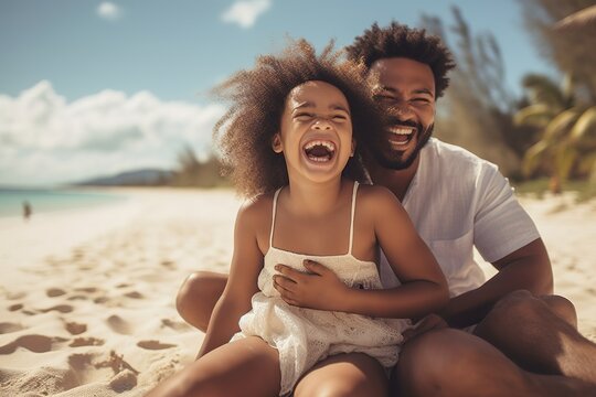Cheerful black father and daughter having fun together on the beach during summer vacation. Travel and happiness lifestyle.
